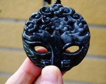 55mm Certified 100% Natural Untreated Grade A Wuji Jadeite Handmade Carved Fox facial makeup Pendant Gemstone Jewelry 3546