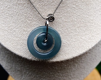 Certified Icy Highly Translucent Bluish Green Jadeite Handmade Carved Ping An Kou Donut Pendant S925 Sterling Silver Bail Chain