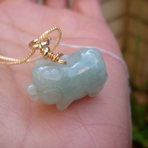 23mm  Icy Jadeite 100% Natural Grade A Carved 3D Small Pig Boar  Pendant In 14K Gold Filled Bail Setting w Cerificate 6749