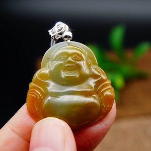 33mm Certified 100% Natural Untreated Grade A Icy Yellow Green Jadeite Handmade Carved Buddha S925 Silver Bail Pendant Gemstone 4651