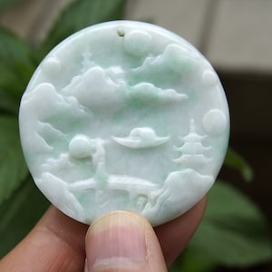 50mm Green White Jadeite  Pendant 100% Natural Untreated Grade A Exquisite Carved Landscape Gemstone w Cerificate 3578