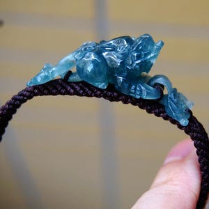 Certified Natural Grade A  blue water Jadeite  Icy Translucent Green Handmade Carved Pixiu Link Bracelet 7“ Gemstone 653