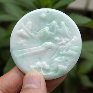 55mm Green White Jadeite  Pendant 100% Natural Untreated Grade A Exquisite  Carved Landscape  Gemstone w Cerificate 3513