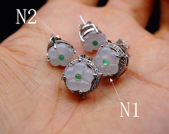 Certified Natural Icy Highly Translucent Gelatinous White Fei cui 翡翠Jadeite Cherry Blossoms Flower Stud Earrings S925 Silver 天然缅白冰胶翡翠梅花银耳钉