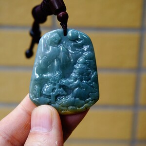 47MM Certified 100%Natural Untreated Grade A Icy Jadeite Handmade Carved  Bridge Mountain Tree, pendant Gemstone 274