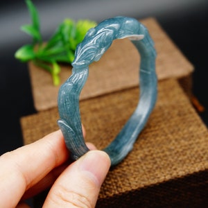 58.4mm 2.3“ Certified 100% Natural Grade A blue water Jadeite  Icy translucent Sky Blue Bangle Carved  Nine-tailed fox Gemstone  528