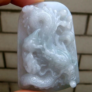 62mm Certified 100% Natural Untreated Grade A (A type) Lavender Gray Jadeite   Carved Dragon Pendant/ Necklace