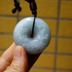 44MM Certified 100% Natural Untreated Grade A Green Icy Jadeite Handmade Carved  Butterfly Flower Circle Pendant  Gemstone 1181