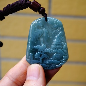 47MM Certified Natural Untreated Grade A Icy Jadeite Carved  Style Scenery, Bridge Mountain Tree, pendant Gemstone 294