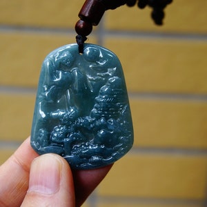 47MM Certified Natural Untreated Grade A Icy Jadeite Handmade Carved  Style Scenery, Bridge Mountain Tree, pendant Gemstone 360