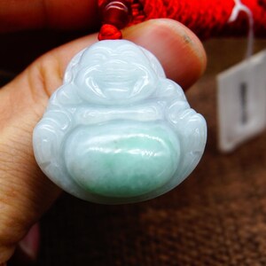 31MM Certified 100% Natural Untreated Grade A Green White Jadeite  Buddha Pendant Necklace Gemstone 1819