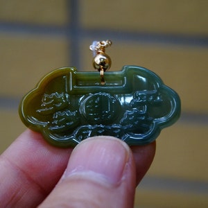 45MM Certified Natural Untreated Grade A Brown translucence Icy JadeiteHandmade Carved   longevity lock   14K Gold filled Bail Pendant