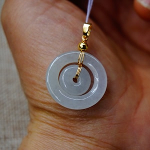 33.8 MM 認定天然未処理グレード A ホワイト アイシー ジェダイト ドーナツ 14K ゴールド フィルド ベイル ペンダント 宝石 1286