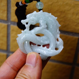 49.8 MM Certified 100% Natural Untreated Grade A light green Jadeite Handmade Carved Dragon Pendant Necklace  Gemstone