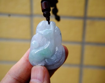43MM Certified 100% Natural Untreated Grade A Icy Jadeite Handmade Carved Nine-Tailed Fox  Pendant Necklace Gemstone 505