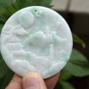 57mm Green White Jadeite  Pendant 100% Natural Untreated Grade A Exquisite Carved Landscape Gemstone w Cerificate 3573