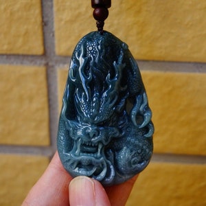 84MM Certified 100% Natural Untreated Grade A  Icy Jadeite  Handmade Carved Dragon Pendant/Necklace   Gemstone 275
