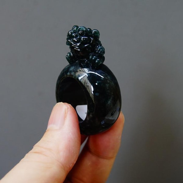 US 12 Certified Natural Grade A Jadeite Jade Ring: Carved Golden Toad, Dark Blue Black Gemstone Jewelry 天然深黑色翡翠金蟾戒指 2045