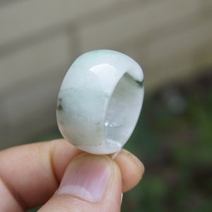 Jadeite  US 10 , 20 mm Ring, Light Green Black Color ,Natural Grade A Jadeite Gemstones Jewelry w Handmade Carved NO.072