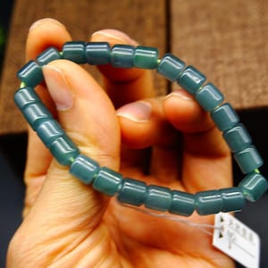 7x7.1mm Certified 100% Natural Grade A Jadeite Highly Icy translucent Sky blue Bead Bracelet 7.55“ Gemstone  4262