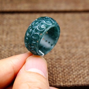 US 9 ,19MM Certified Untreated Grade A  Icy Highly Translucent Teal Blue Jadeite Handmade Carved Openwork Engraved Band Ring 318