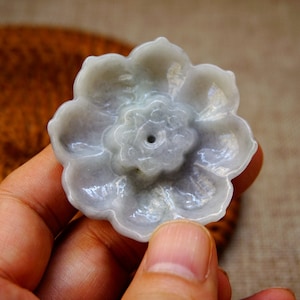 55MM Certified 100% Natural Untreated Grade A Gray Wuji Jadeite  Lotus Censer Display   Gemstone 1490