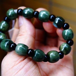 Certified 100% Natural Type A  Jadeite  Dark Green Barrel   bead beacelet  Gemstones   1773