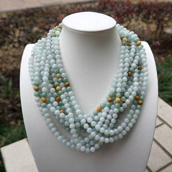 7.7mm one piece Undyed 100% Natural Grade A Type  Light Green Yellow White Icy Type Jadeite Jade 7.7 MM Bead Necklace Fei cui 翡翠