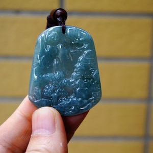 47MM Certified Natural Untreated Grade A Icy Jadeite Handmade Carved  Bridge Mountain Tree, pendant Gemstone 327