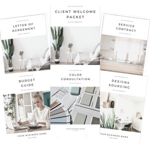 Modelos de negócios de design de interiores Canva: Pacote de boas-vindas ao cliente, imprimível, flatlays, quadros, sourcing, especificações, planilhas, atualizado para 2025