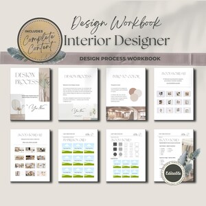 May include: A design workbook for interior designers. The cover includes the text "Design Workbook Interior Designer" and "Includes Complete Content". The workbook pages include design process, color, and mood board templates.