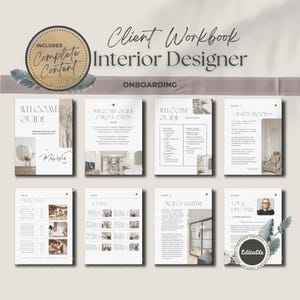 Puede incluir: Un cuaderno de trabajo para clientes de diseñadores de interiores, con una colección de páginas con texto e imágenes. La portada incluye el texto "Client Workbook Interior Designer" y "Onboarding". El cuaderno incluye "Complete Content" y es "Editable".