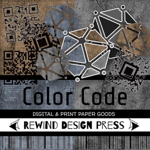 Peut inclure: Articles de papeterie numériques avec un motif géométrique dans des tons de gris, de brun et de blanc. Le texte "Color Code" est présenté en noir. Les textes "Digital & Print Paper Goods" et "Rewind Design Press" sont également présentés en noir.