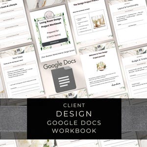 Pode incluir: Uma coleção de cadernos de trabalho de design de interiores, incluindo um "Living Room Design Project Workbook" e um "Client Design Google Docs Workbook". Os cadernos de trabalho apresentam texto e gráficos, com uma paleta de cores neutras e um foco no planejamento do design.