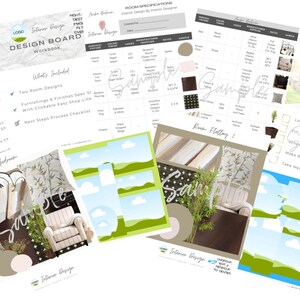 Modelli Canva per la progettazione di interni: pacchetto da 10 pagine, layout piatti, bacheche di progettazione e fogli di lavoro per le specifiche di approvvigionamento, guida ai colori BONUS da 4 pagine per i progetti dei clienti