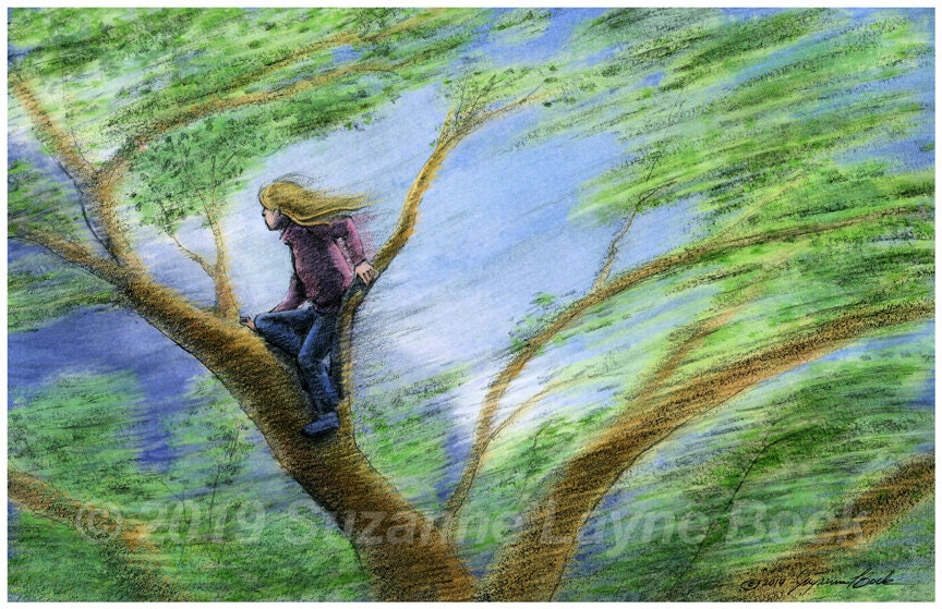 Girl Climbing A Tree on A Windy Day-digital Download Art, Original