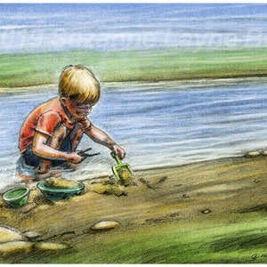 Boy Playing In A Muddy Creek-Digital Download, Original Pencil Drawing with Digital Painting