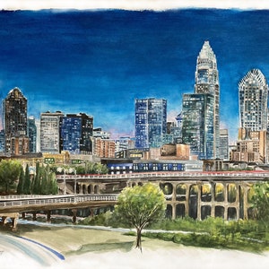 Charlotte NC skyline at night - print of original watercolor offered as either 8x10 or 11x14