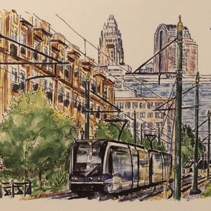 Charlotte Southend and light rail - print of original watercolor painting offered as either 8x10 and 11x14