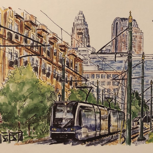 Charlotte Southend and light rail - 8x10 and 11x14 prints of original watercolor and pen & ink painting