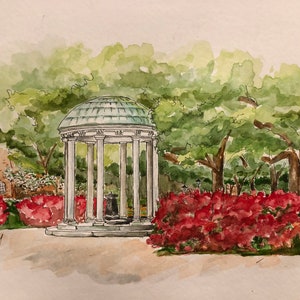 May include: Watercolor painting of a white gazebo with a green roof surrounded by green trees and red flowers. The gazebo has eight white columns and a white base.