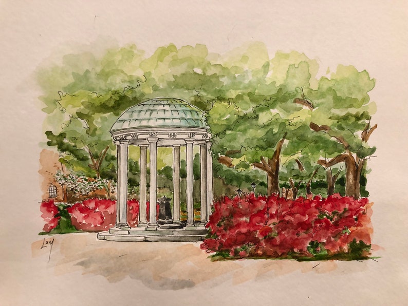 May include: Watercolor painting of a white gazebo with a green roof surrounded by green trees and red flowers. The gazebo has eight white columns and a white base.