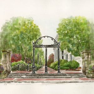 May include: A watercolor painting of a black wrought iron archway with a brick walkway leading through it. The archway is surrounded by green trees and bushes. There is a small plaque on the left side of the archway.