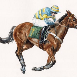 Brown Racehorse and Jockey. 8x10 print of original watercolor painting.