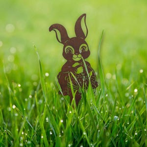 Corten garden rabbit Bunny with easter basket garden stake Garden Corten Rabbit Yard Art Metal Garden Art Hare Corten Garden Art
