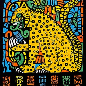 May include: A colorful, abstract painting of a jaguar with black spots on a yellow background. The jaguar is surrounded by geometric shapes in shades of blue, green, orange, and red. The painting is signed "JENNAC" in the bottom right corner.