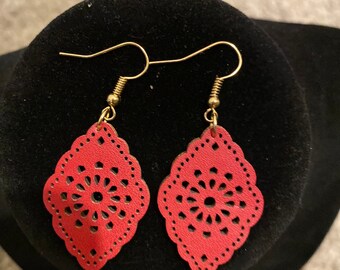 Red leather filigree earrings