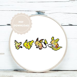 May include: A cross-stitch pattern featuring the Pokemon Pikachu and its evolutions: Pichu, Raichu, and Alolan Raichu. The pattern is in a line, with each Pokemon facing the right. The pattern is in a pixelated style, with yellow, brown, and black colors.