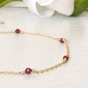 Dainty Garnet Bracelet Delicate Sterling Silver 14k Gold Rose Gold Filled Simple Tiny Gemstone Layering Bracelet Dark Red January Birthstone