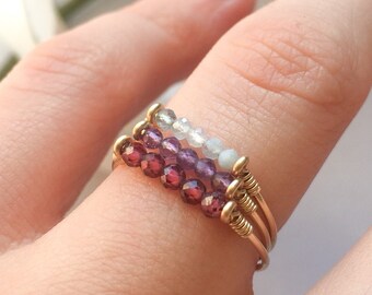 Birthstone Bar Rings 14K Gold/Rose Gold Filled Sterling Silver, Dainty Stacking Ring Tiny Gemstone Layer Ring Simple Birthstone Stack Ring